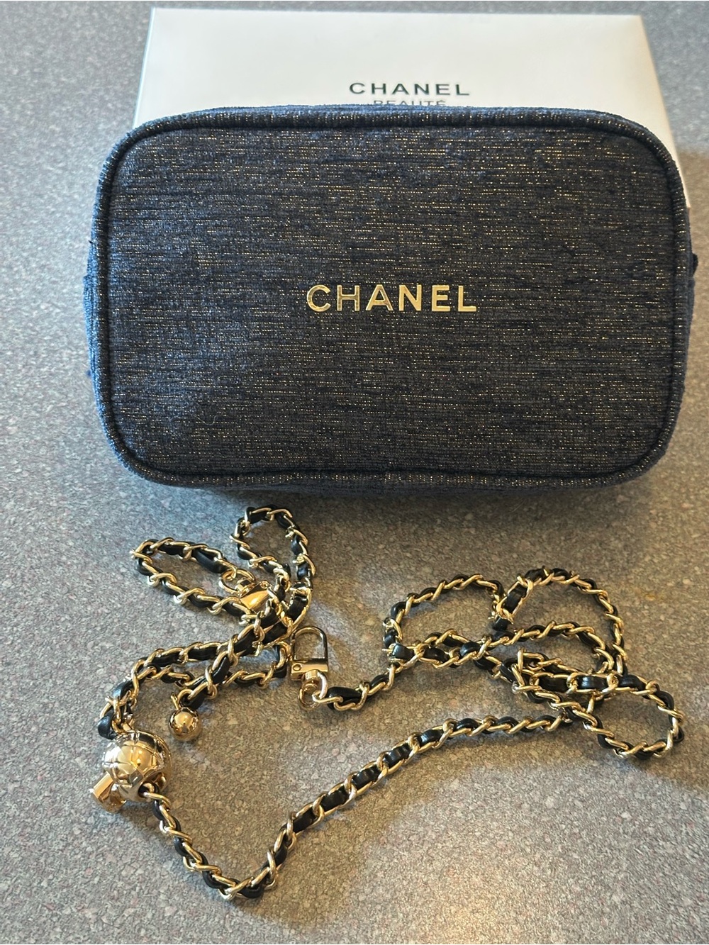CHANEL Dark Navy Quilted Cosmetic Pouch with Gold Chain